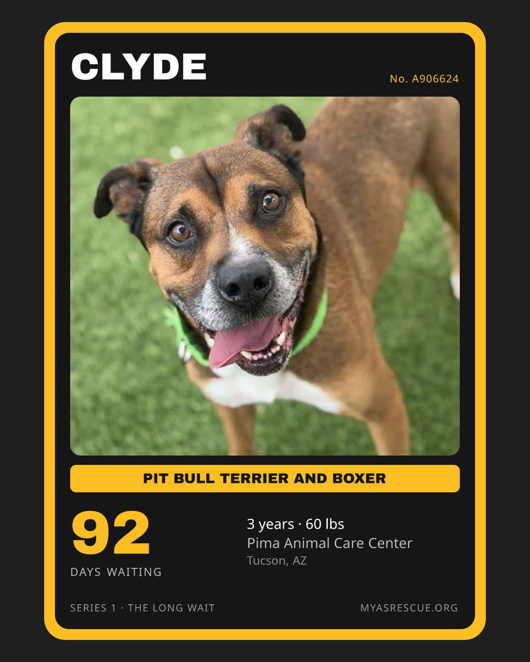 Clyde’s trading card, front