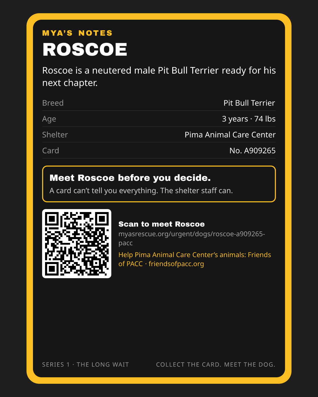 Roscoe’s trading card, back